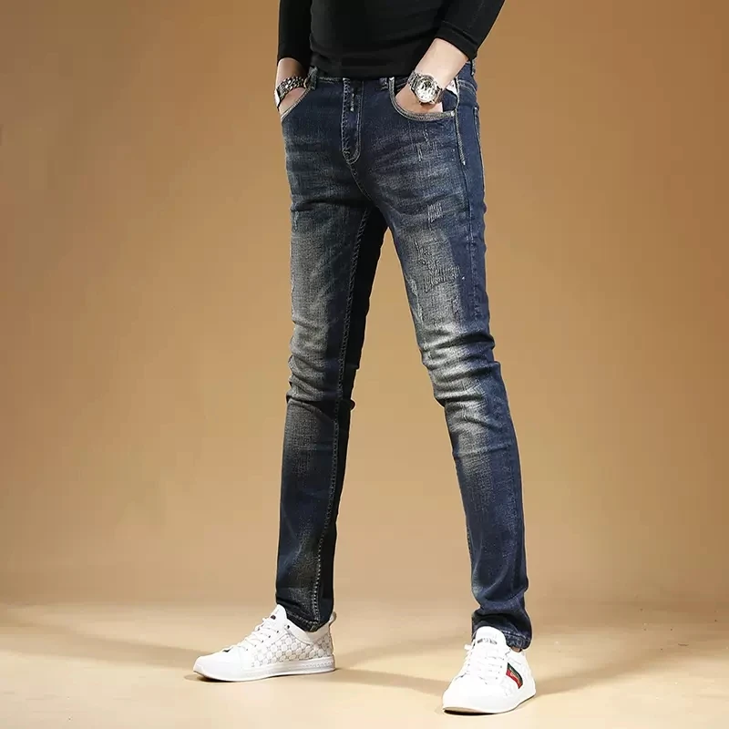 Autumn Men Blue Scratched Jeans Streetwear Slim Fit Straight Pants Korean Style Casual Stretch Denim Trousers