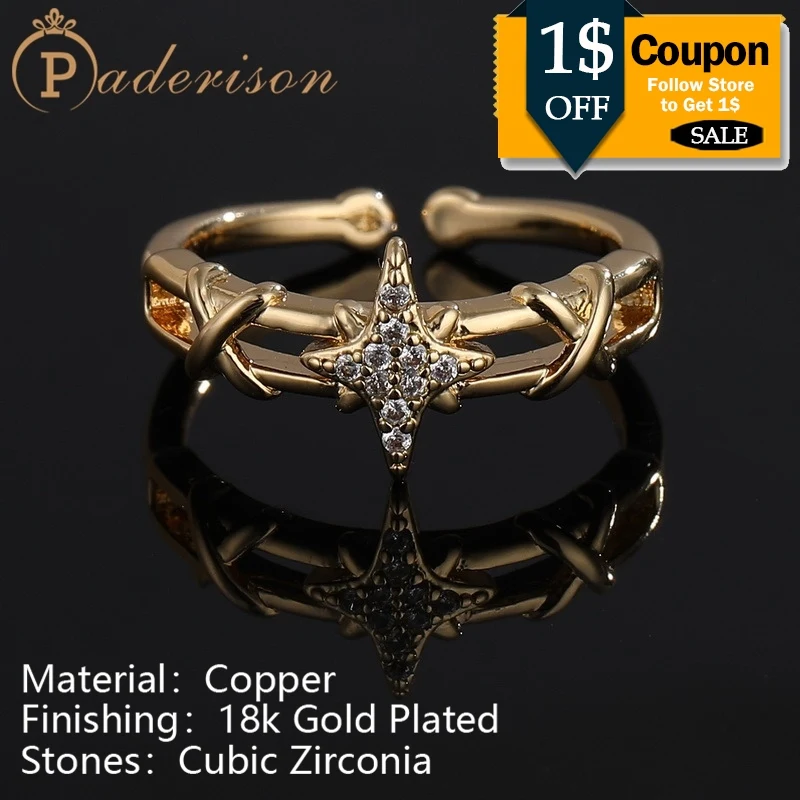 

Fashion Personalized Octagonal Star Zircon Opening Ring for Women Golden Shiny Hollow Geometric Rings 18k Copper Gold-plated