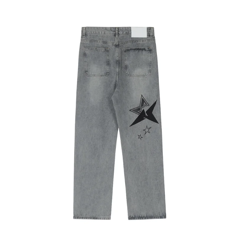 Grey Jeans Men and Women Pentagram Embroidered Jeans Softened Denim Loose Straight Trousers High Street Casual Wide Leg Trousers