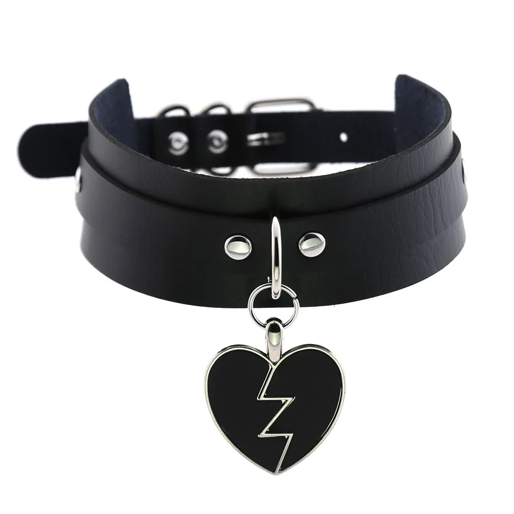

WANGAIYAO new gothic sexy double layer PU leather lightning heart broken peach heart love pendant necklace necklace personality