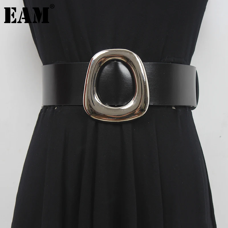 [EAM]  Pu Leather Black Buckel Spliced Long Wide Belt Personality Women New Fashion Tide All-match Spring Autumn 2023 1DE0285