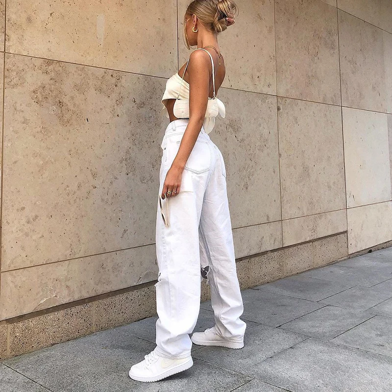 Women's Mid Waist Loose Destroyed Classic Hole Baggy Jeans Boyfriend Fashion White Women's Vintage Wide Leg Pants Jeans Trousers
