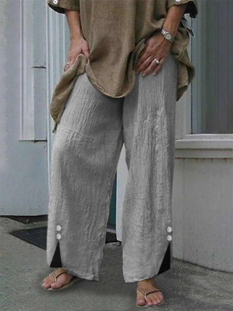 

Women Casual Cotton Linen Long Pants Elegant Elastic Waist Button Solid Color Trousers Spring Summer Fashion Loose Wide Leg Pant