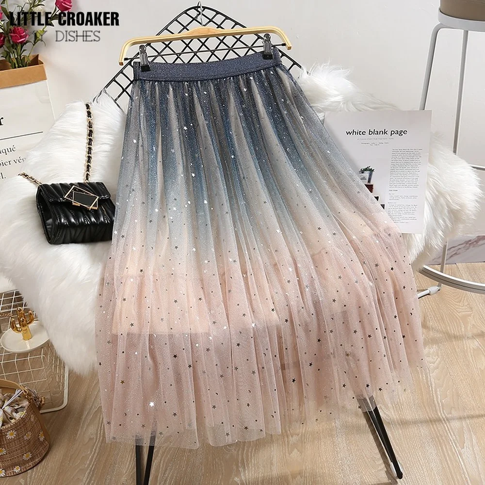 

Long Skirts Women Elastic High Waist Gauze Ladies Gradient Color Star Sequin Elastic Waist Mesh Star Tulle 2022summer Midi Skirt