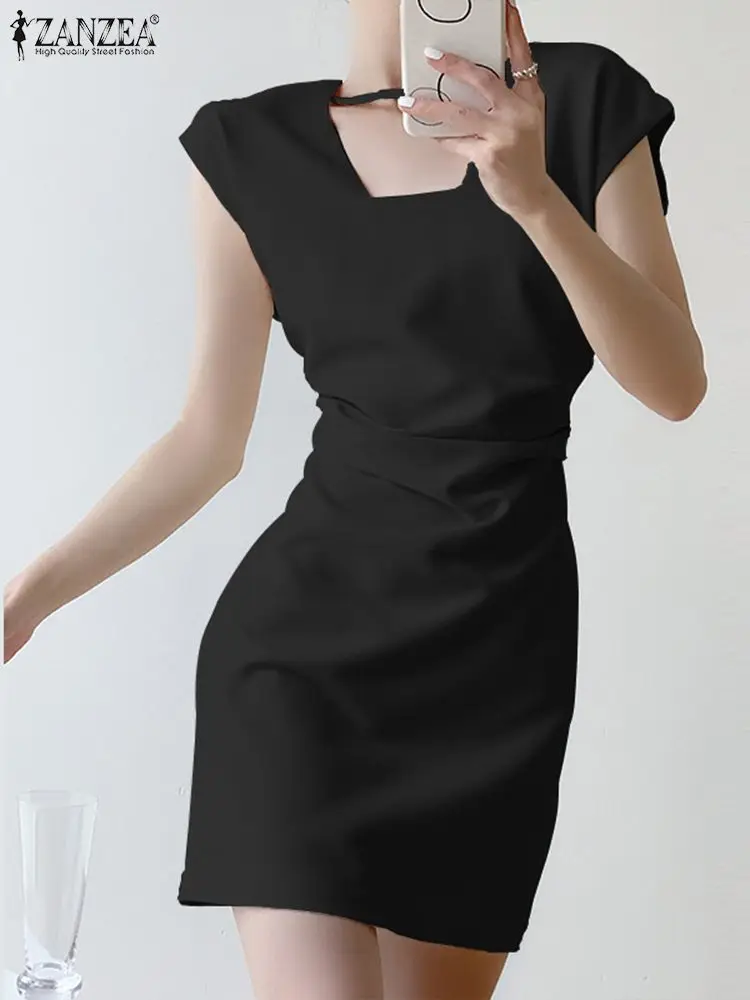 

ZANZEA Summer Waisted Vestido Slimming Casual Mini Dress Women Party Sundress Sexy Short Sleeve Square Neck Elegant Pencil Dress