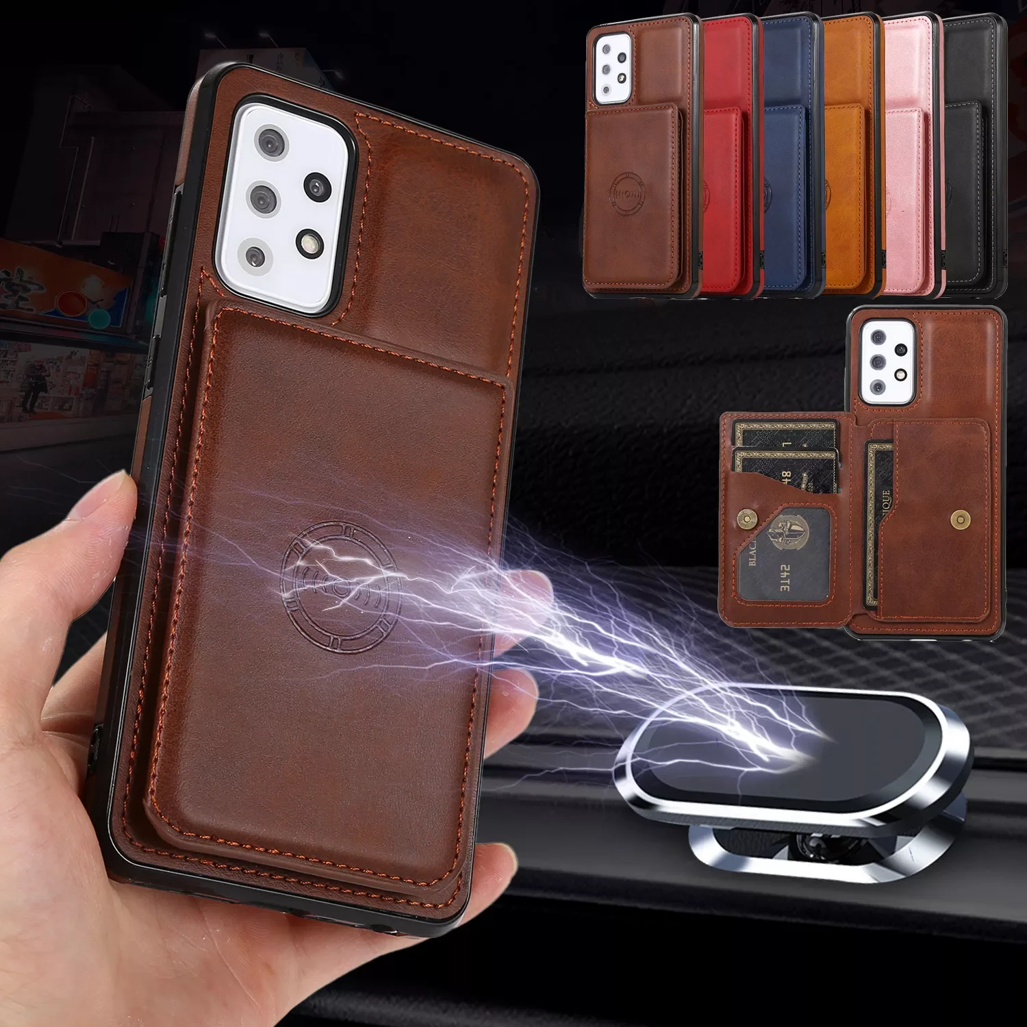 

Magnetic Leather Case for Galaxy S22 Plus S22Ultra S21FE A52 A52S A13 A22 A32 5G A02S A82 Cover Cards Package Holder Stand Coque