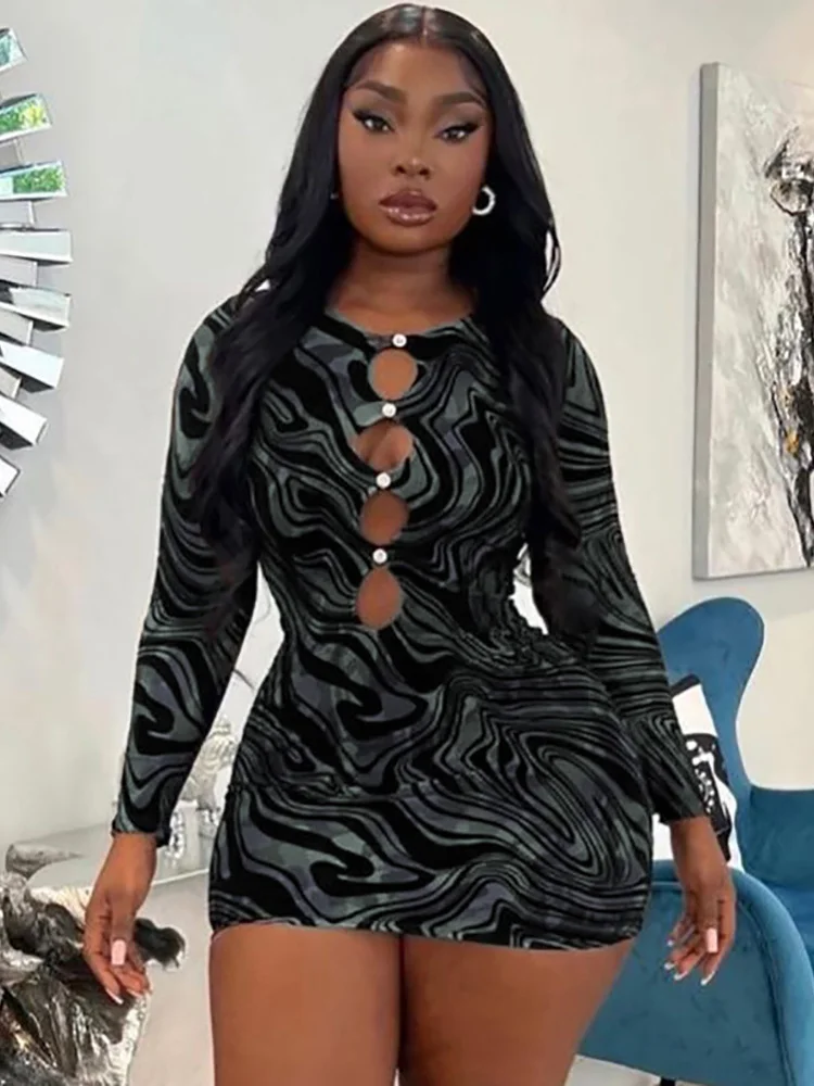 

Gorgeous Print Sexy Hollow Out Dress for Women Black Long Sleeve Crewneck Skinny Mini Dress Fall Christmas Club Clothes