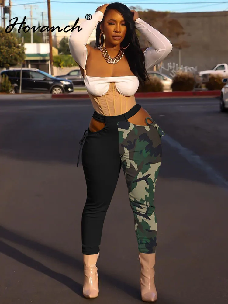 

Hovanch Casual Mid Waist Pocket High Elastic Feet Color Contrast Casual Pants Autumn Camouflage Denim Splice Women's Bottom