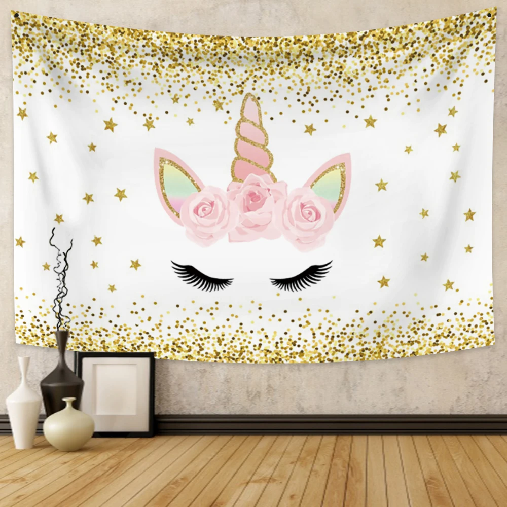 

Fantasy Unicorn Rainbow Tapestry Gold Glitters Flower Star Birthday Tapestry Wall Hanging Psychedelic Wall Decoration Home Decor