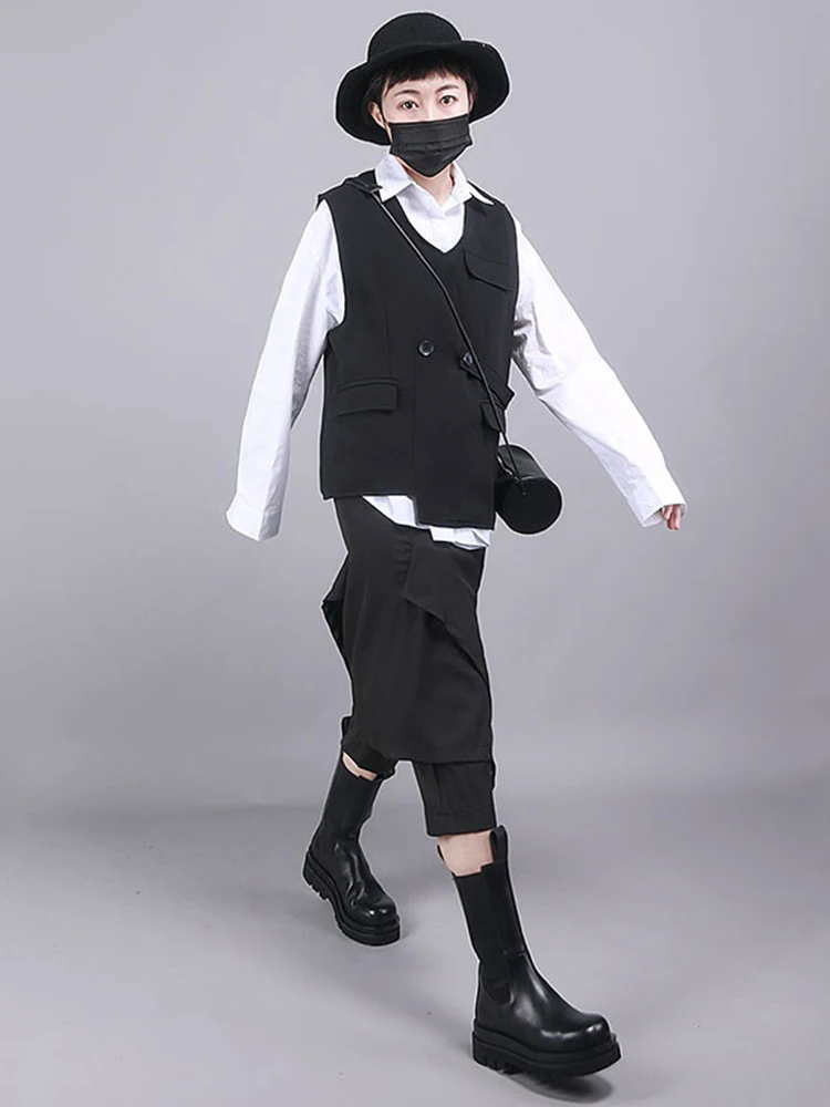 [EAM] Женская свободная черная Асимметричная жилетка большого размера с v-образным