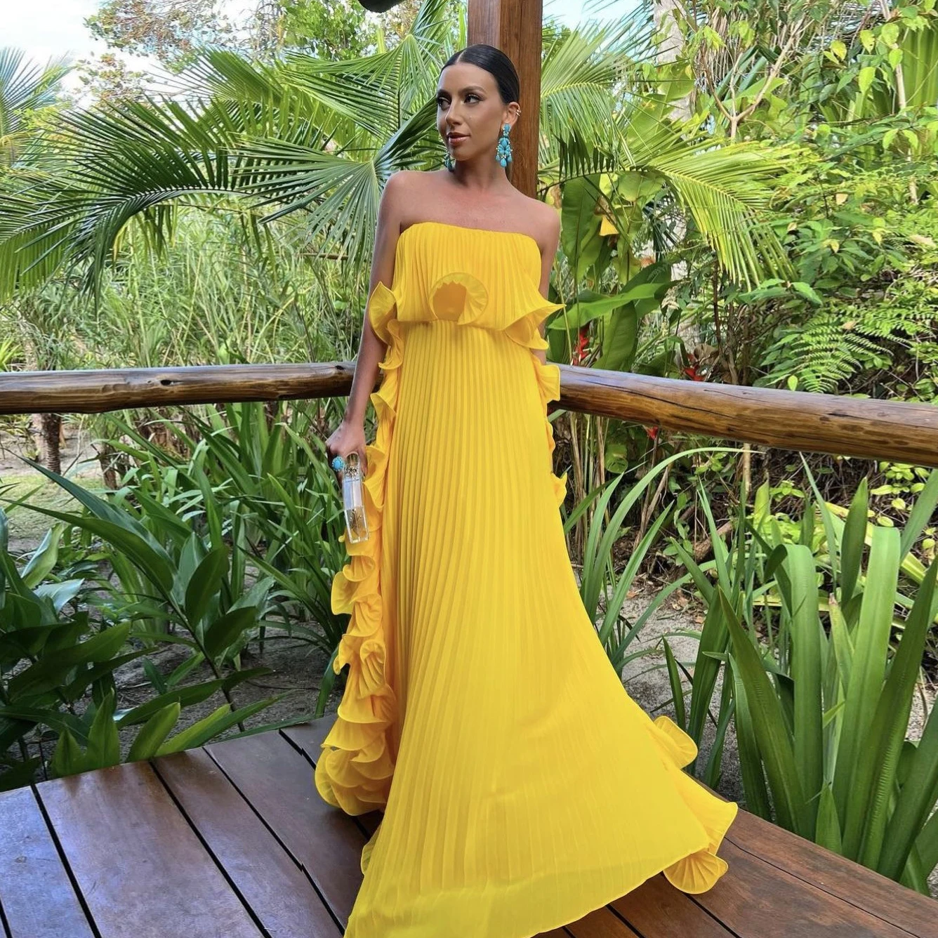 Trendy Women Summer Holiday Dress Yellow Pleated Chiffon Long Formal Dresses Custom Made Ruffled Strapless Beach Party Dress