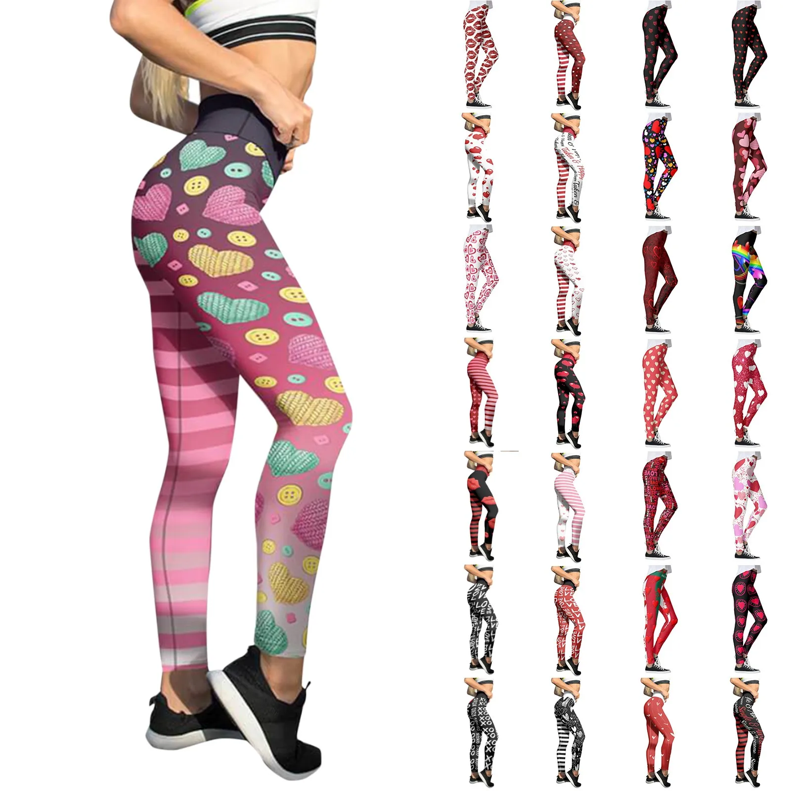 

Fashion Valentine Day Lovesy Stripes Heart Print Women Pants High Waist Plus Size Soft Fitness Elastic Gym Workout Full Leggings