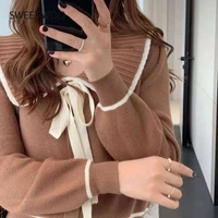 2021 autumn women vintage sweaters casual knitted cardigan peter pan collar long sleeve female tops tide chic fashion contracted