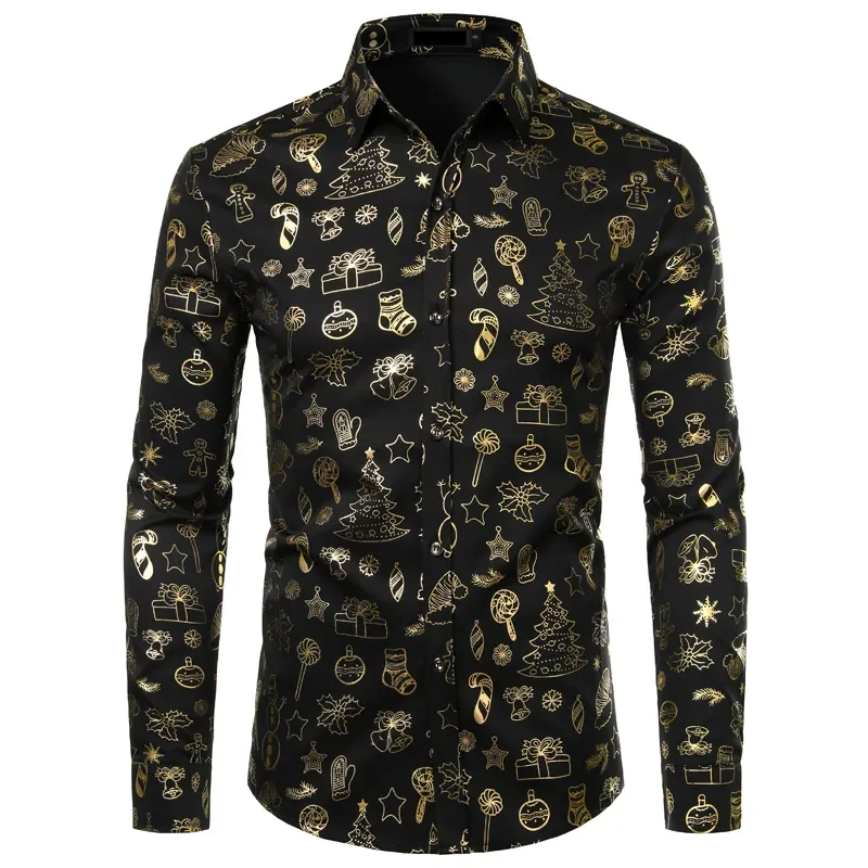 

Золотой Рождественский подарок, вечерние с принтом, Мужская брендовая Повседневная рубашка с длинным рукавом на пуговицах, Мужская Рождественская рубашка, топы, блузы, Chemise Homme, черный цвет
