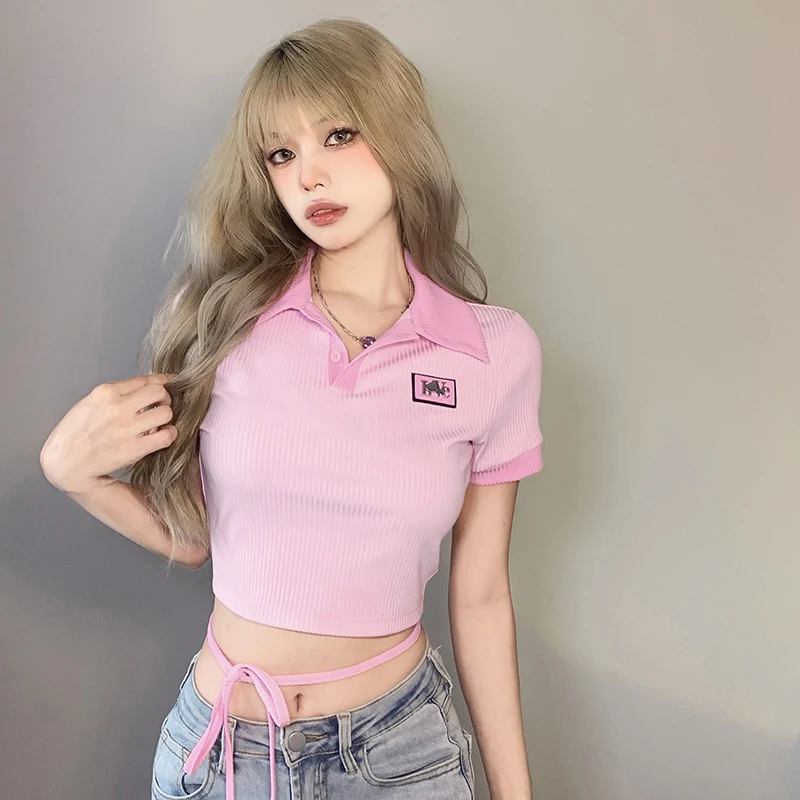 

#Sisjuly# coco love macarone pink and tender girl slim fitting Lapel versatile short sleeve T-shirt women's slim top