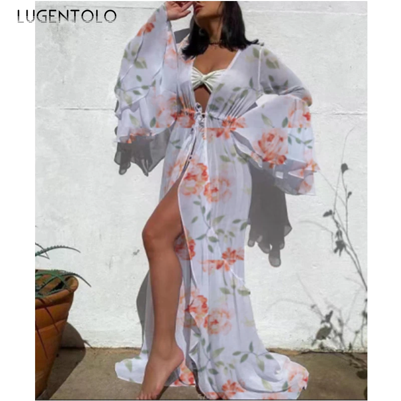 

Платье женское летнее длинное с длинным рукавом и принтом