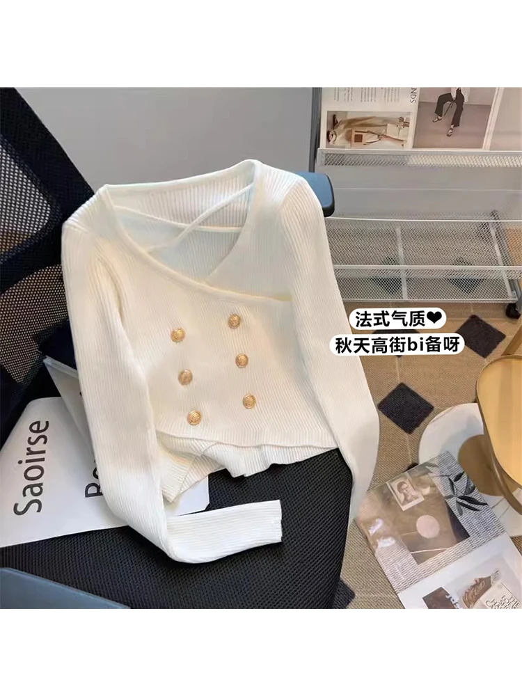 

Women White Pullover Sweater Elegant Fashion 90s Korean Harajuku 2000s Vintage Long Sleeve Black Knitted Jumper Top Autumn 2023