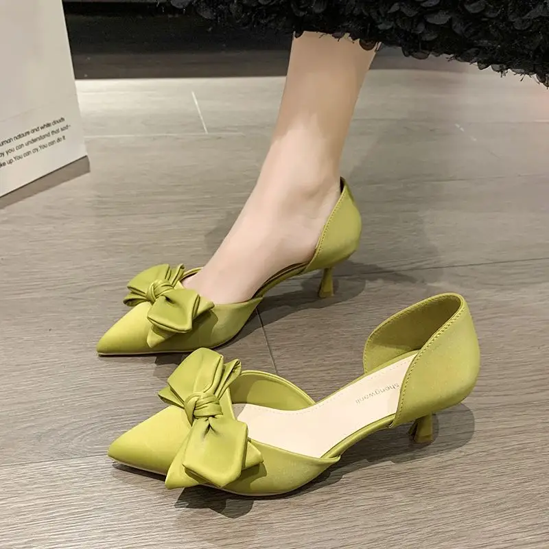 

Sandals for Woman Pointed Toe Footwear Closed Women's Shoes with Medium Heels Summer 2023 Outdoor Green Bow Chic and Elegant Vip
