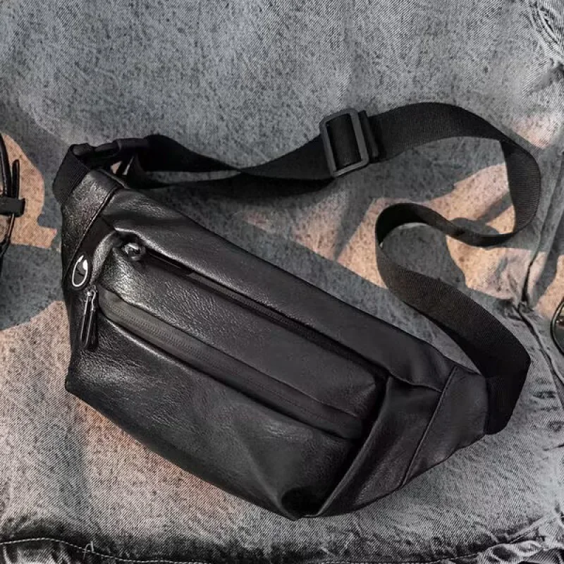 Sports PU Leather Men's Waist Bag Multifunction Crossbody Bag Casual Chest Bag Man Fanny Pack Business Black Shoulder Bag