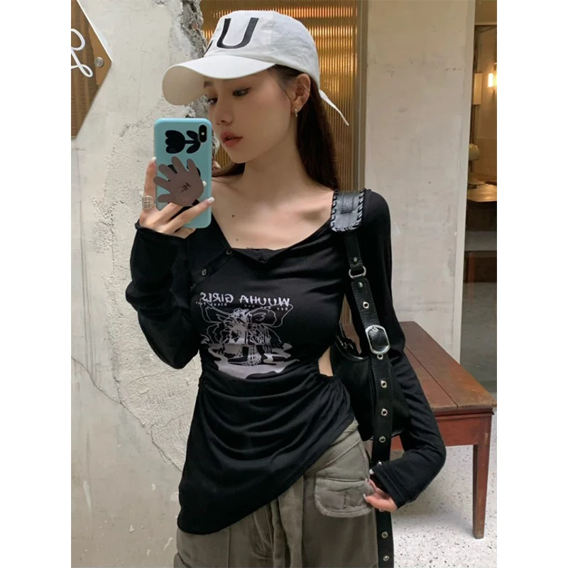 

MEXZT Y2K Irregular T-Shirts Women Streetwear Hollow Out Crop Tops Vintage Gothic Harajuku Cartoon Print Long Sleeve Slim Tees