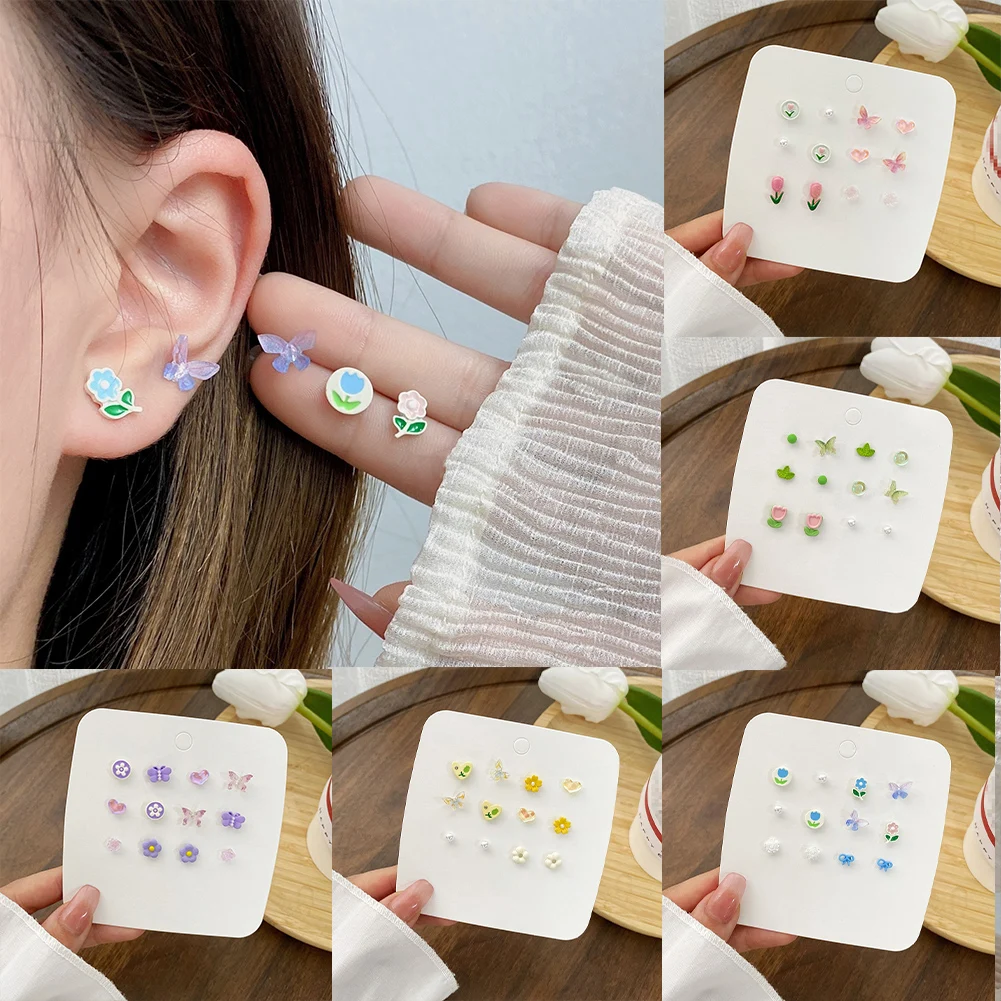 

6 Pairs Fashion Sweet Candy Color Tulip Butterfly Stud Earrings Set Simple Female Korean Temperament Nature Cute Earrings Gifts
