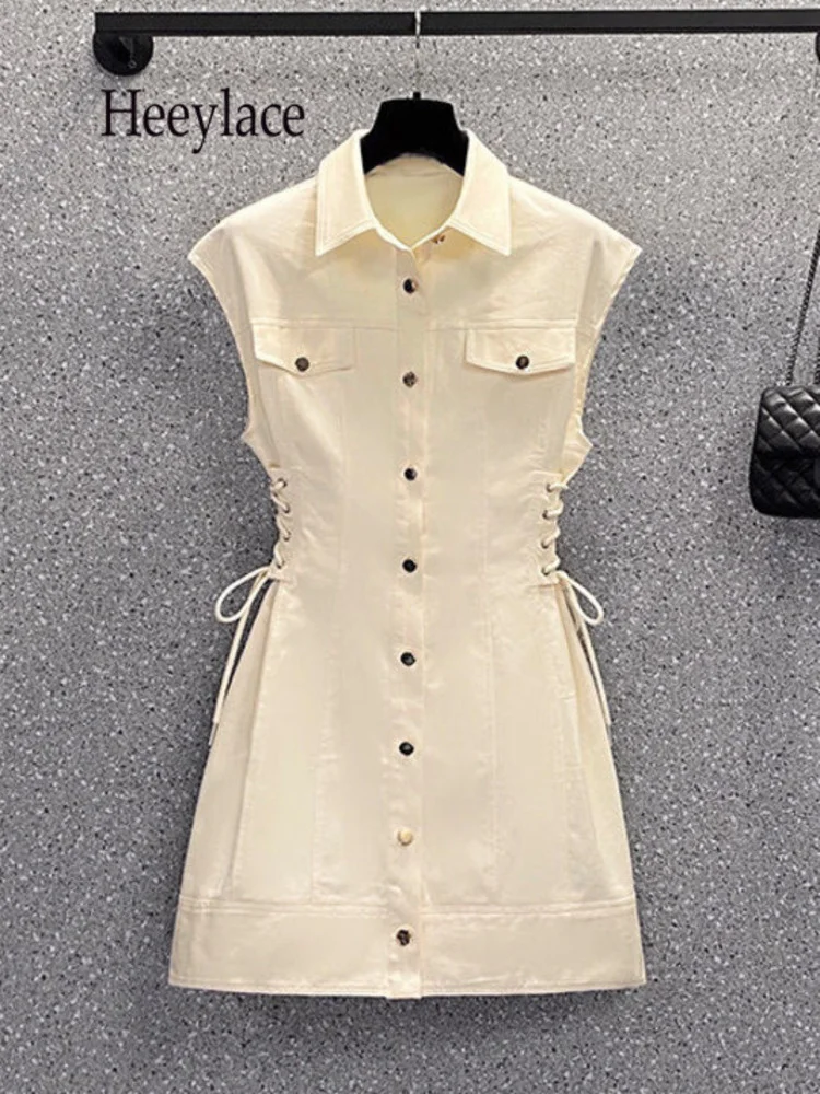 

Summer Bandage Dresses For Women Turn Down Collar Sleeveless High Waist A-line Dress Female Shirt Dresses Women Clothing 2022