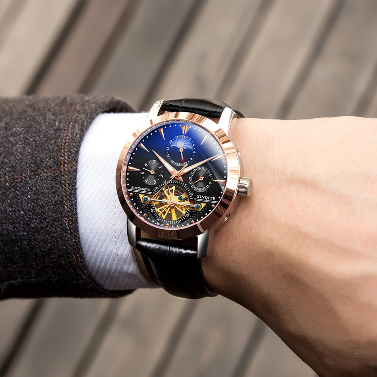 New Fashion Tourbillon Mechanical Mens Watch Calendar and 24 Hours Male Watch Luminous Hands Clock Watches Men Automatic