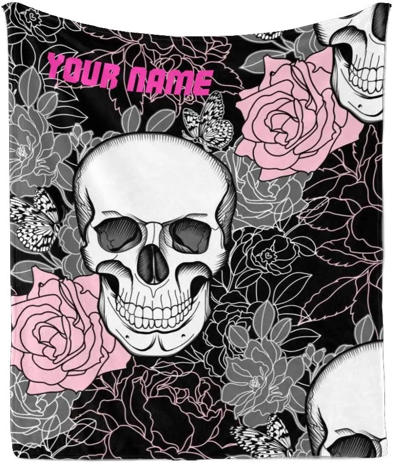 

CUXWEOT Custom Blanket with Name Text,Personalized Pink Florals Skull Super Soft Fleece Throw Blanket for Couch Sofa Bed