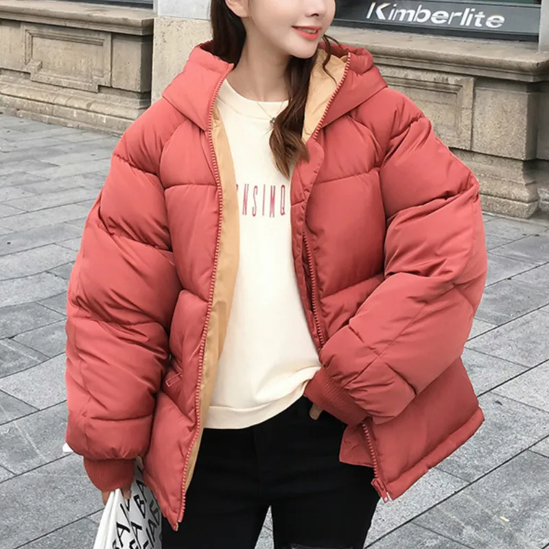 Thicken Woman Parkas Solid Loose Women's Winter Puffer Jacket Plus Size Korean Style Hooded Stand Collar Casual Overcoat Female
