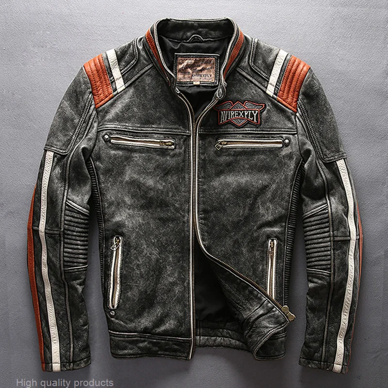

Мужская мотоциклетная куртка, мотоциклетная куртка из натуральной воловьей кожи с воротником-стойкой и вышивкой, 5 дней