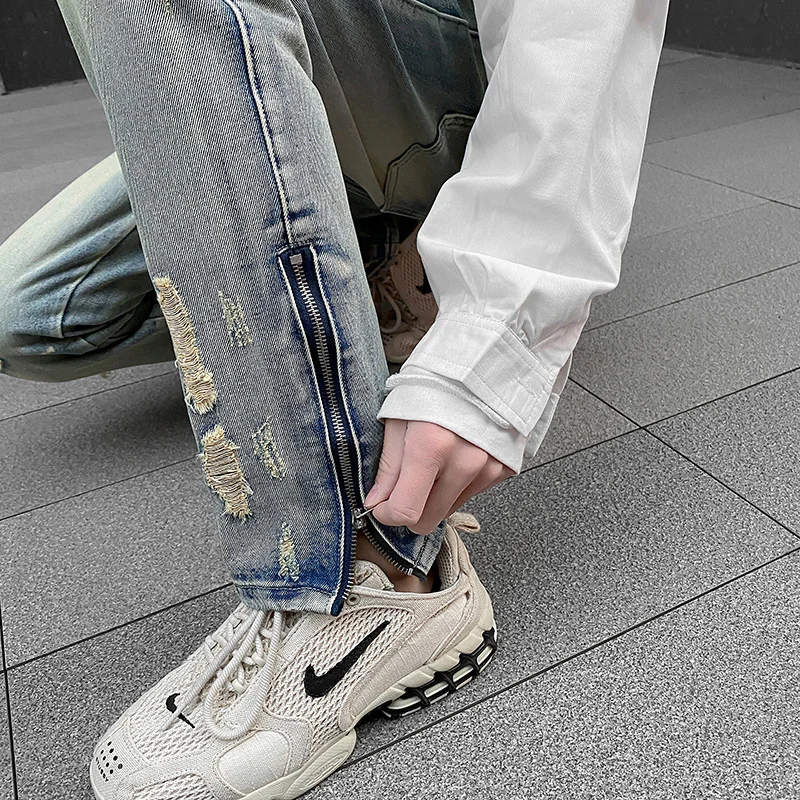 DEEPTOWN Vintage Ripped Jeans Men Streetwear Fashion Denim Hole Pants Zipper Hip Hop Straight Trousers Male Retro Loose Casual