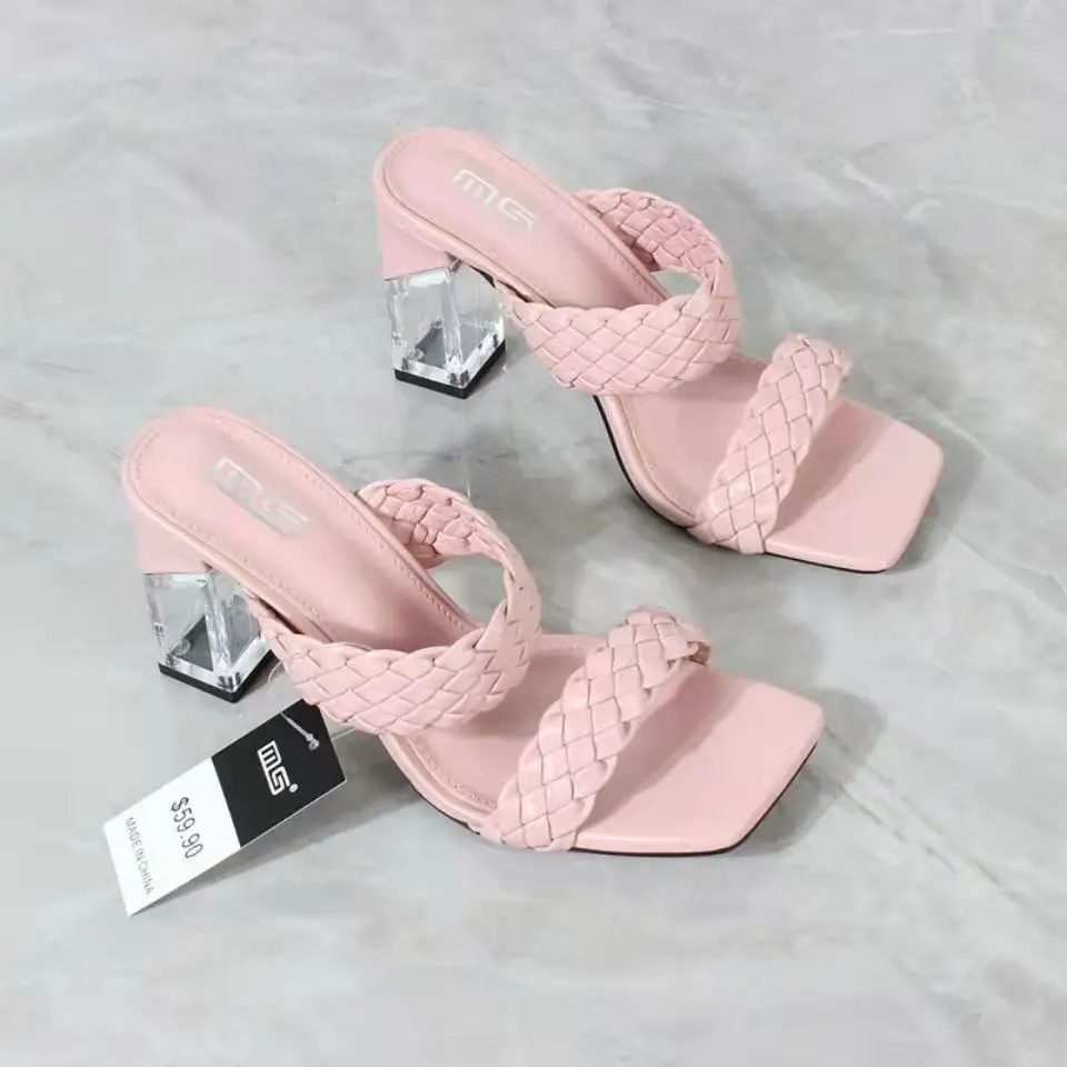 

Sandals and slippers women's new fashion thin strap weave one word strap high heels hollow thick heel large size
