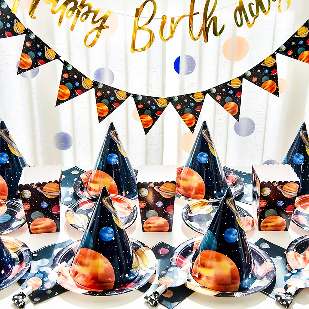 

Astronaut Disposable Tableware Set Plates Cups Napkins Banner Out Space Theme Party Supplies Kids Birthday Party Decorations