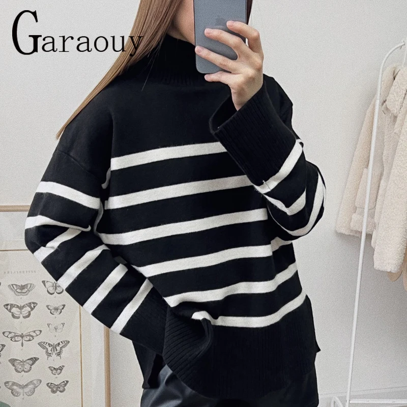 

Garaouy 2022 Women Vintage Loose Striped Casual Sweater Turtleneck Long Sleeve Female Autumn Winter Knitted Pullover Tops