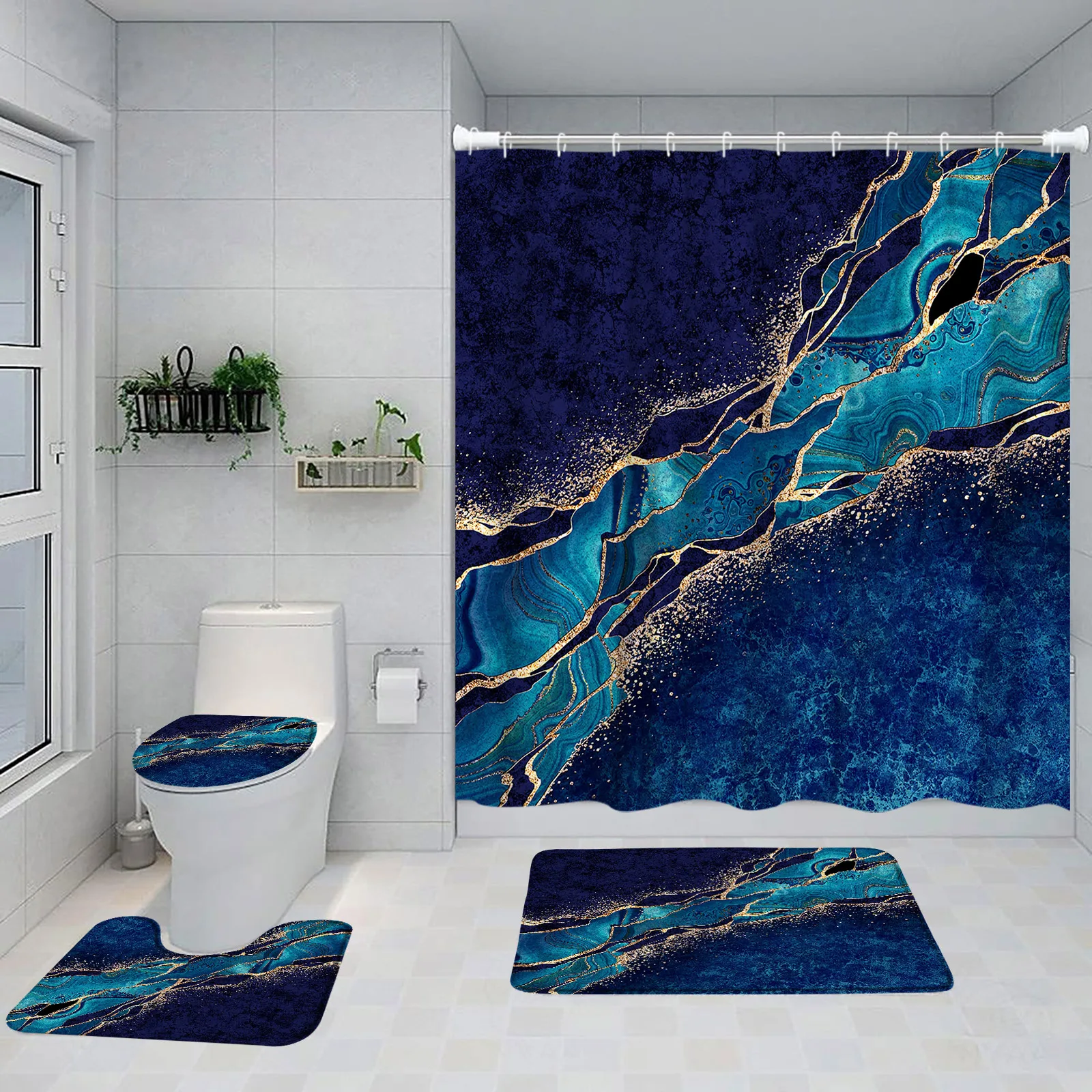 

Blue Marble Shower Curtain Set Gold Crackle Abstract Ombre Geometric Modern Home Bathroom Decor Floor Rug Bath Mats Toilet Cover