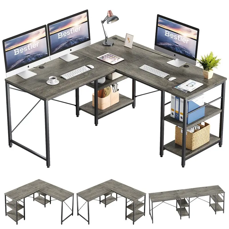 

inches L-Shaped Corner Computer Desk with Shelves Long Table in Grey