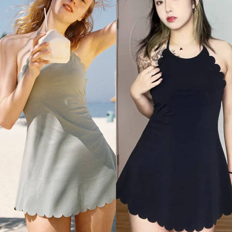 

Women Short Sleeve Swimwear Solid Freestanding Boxers New Korean Swimsuit Women One Piece Swimsuit With Skirt Swimsuit Dropship