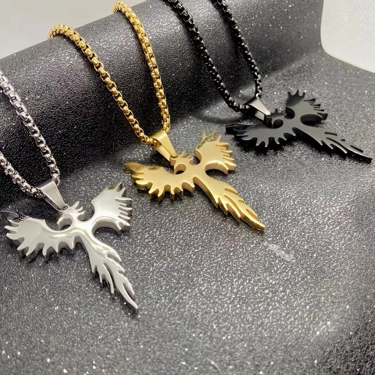 

Vintage Silver Phoenix Pendants Necklace Stainless Steel Engraved Phoenix Birds Necklace Women Mens Charm Collar Chains Choker