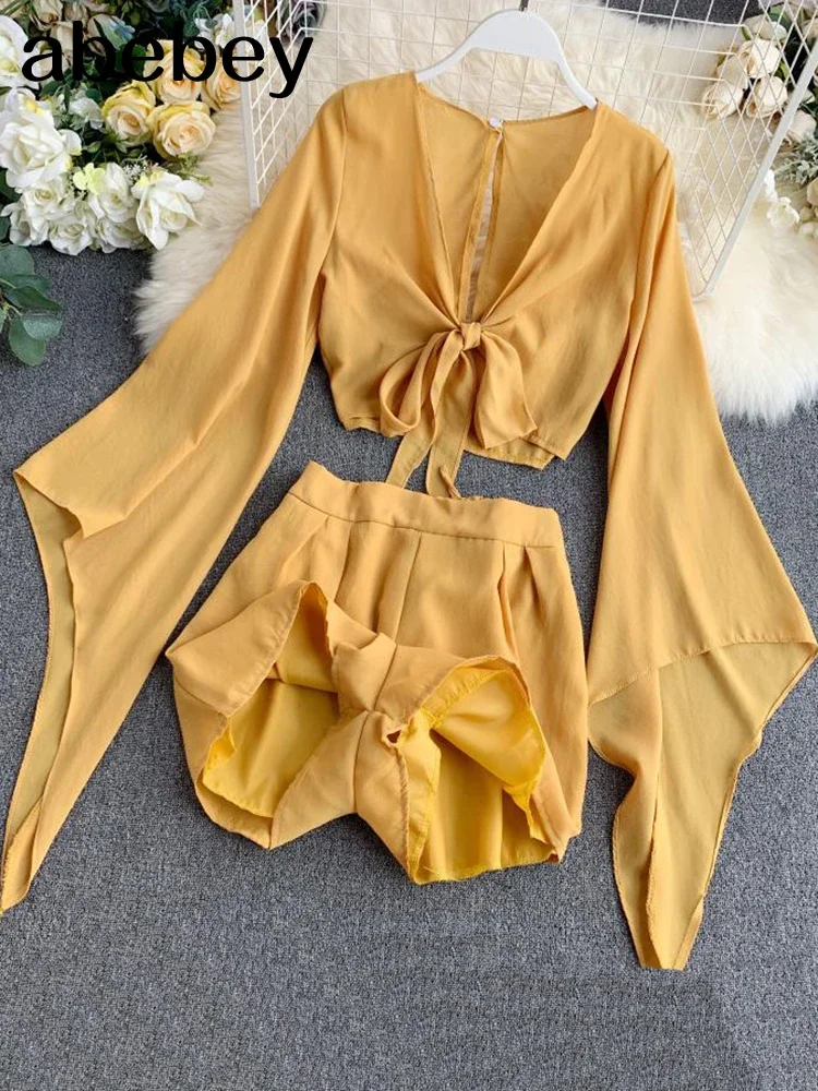 Женский шифоновый костюм комплект из двух предметов короткий топ с