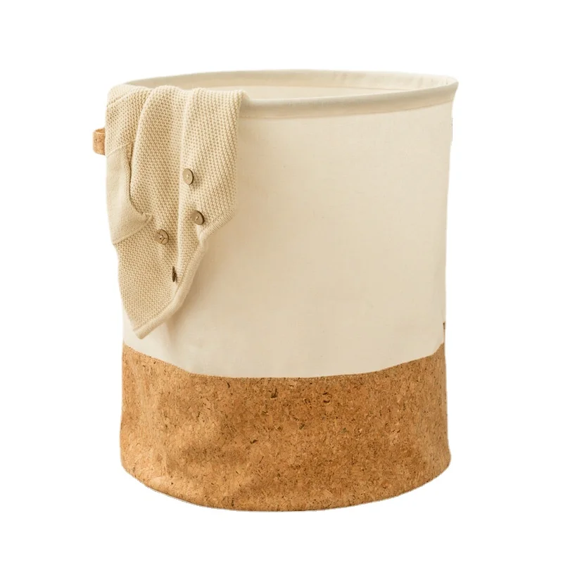

Storage Basket Cotton Cork and Leather Splicing Storage Bucket Fabric Pe Lining Foldable Storage Basket Clothes Toy Storage