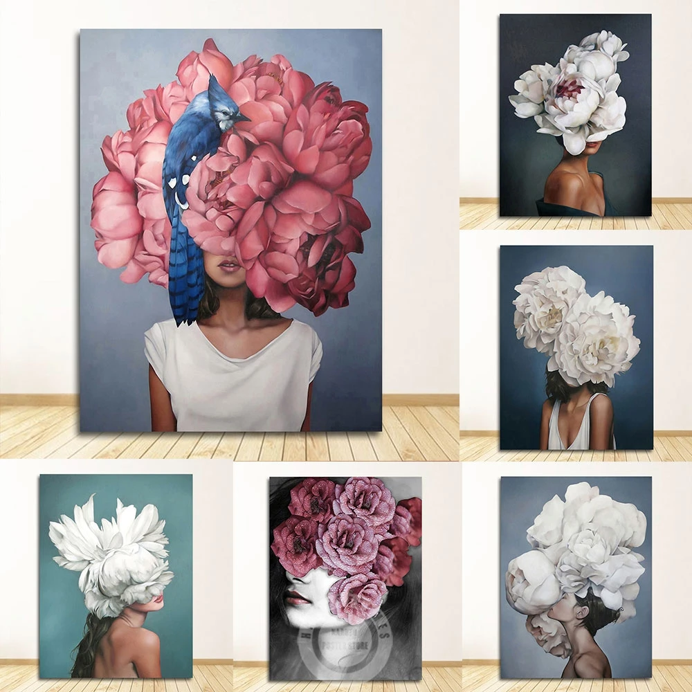 

Flowers Sexy Woman Abstract Canvas Painting Colorful Feathers Wall Art Print Poster Picture Nordic Living Room Home Decoration