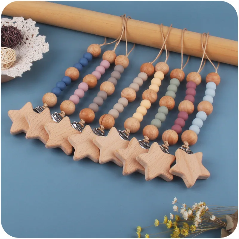 

2023 New Baby Pacifier Clips Silicone Teething Beads Holder for Pacifiers Boy Girl Nipple Clip Chain Wooden Teethers Nursing Toy