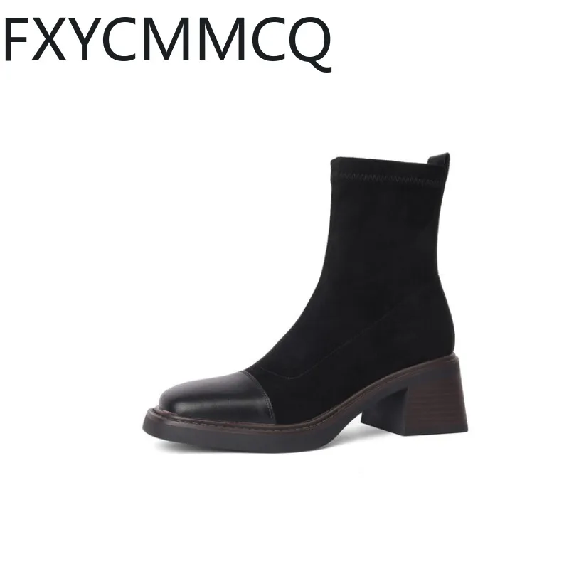 

Женские облегающие сапоги FXYCMMCQ, осенние короткие сапоги в британском стиле на толстом каблуке 6 см, большие размеры 33-40, во французском стиле, 1108