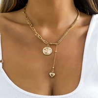 lacteo vintage simple coin heart pendant pendant necklace for women metal gold color female 2022 fashion jewelry accessories new