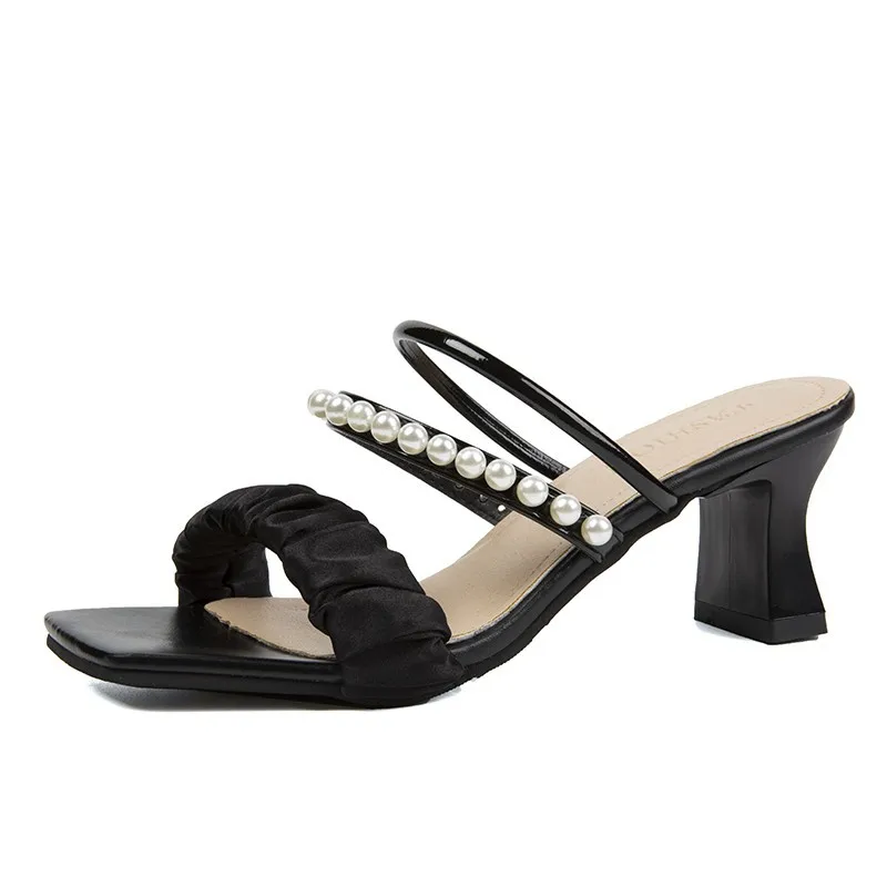 

2022 Summer New Fashion Square Toe High Heels Casual Rhinestone Round Heel Sandals Outdoor Party Ball Sandals