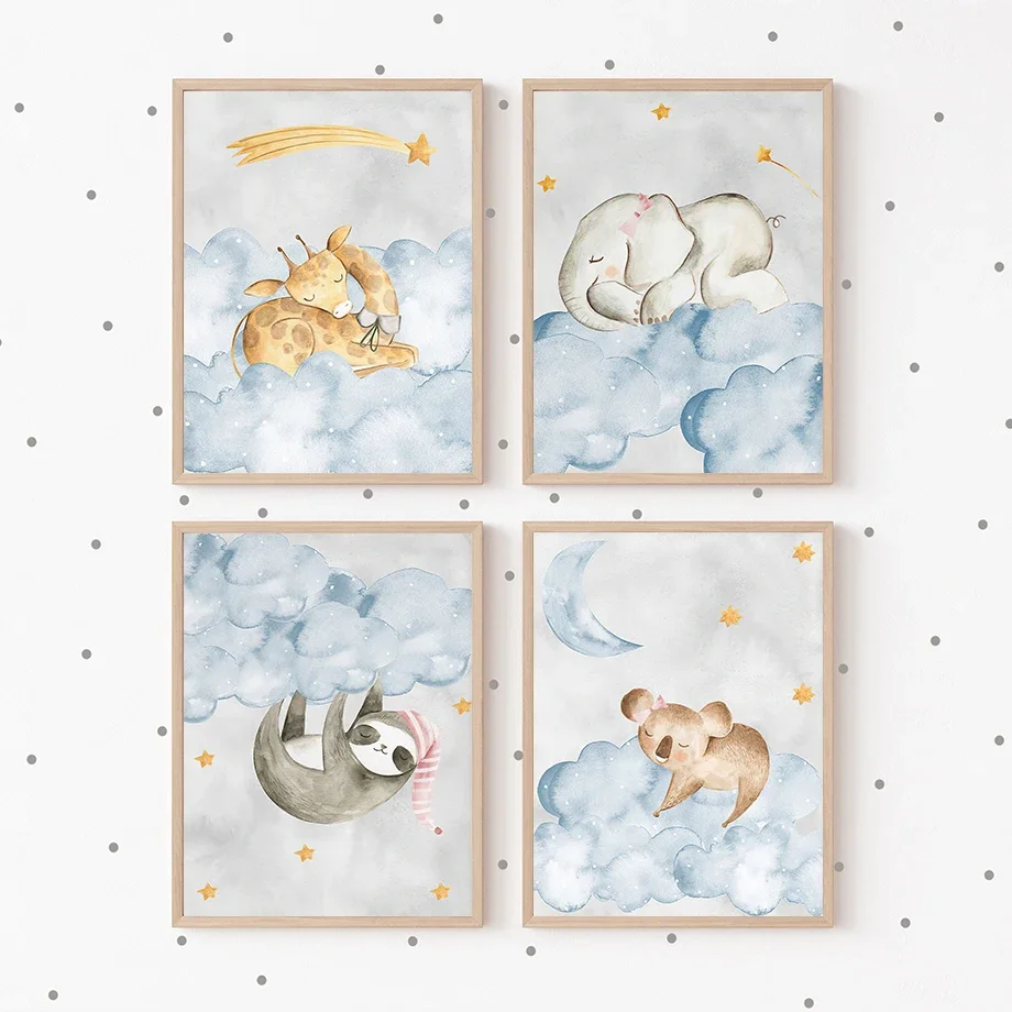 Голубые облака слон жираф Ленивец детская настенная Картина на холсте