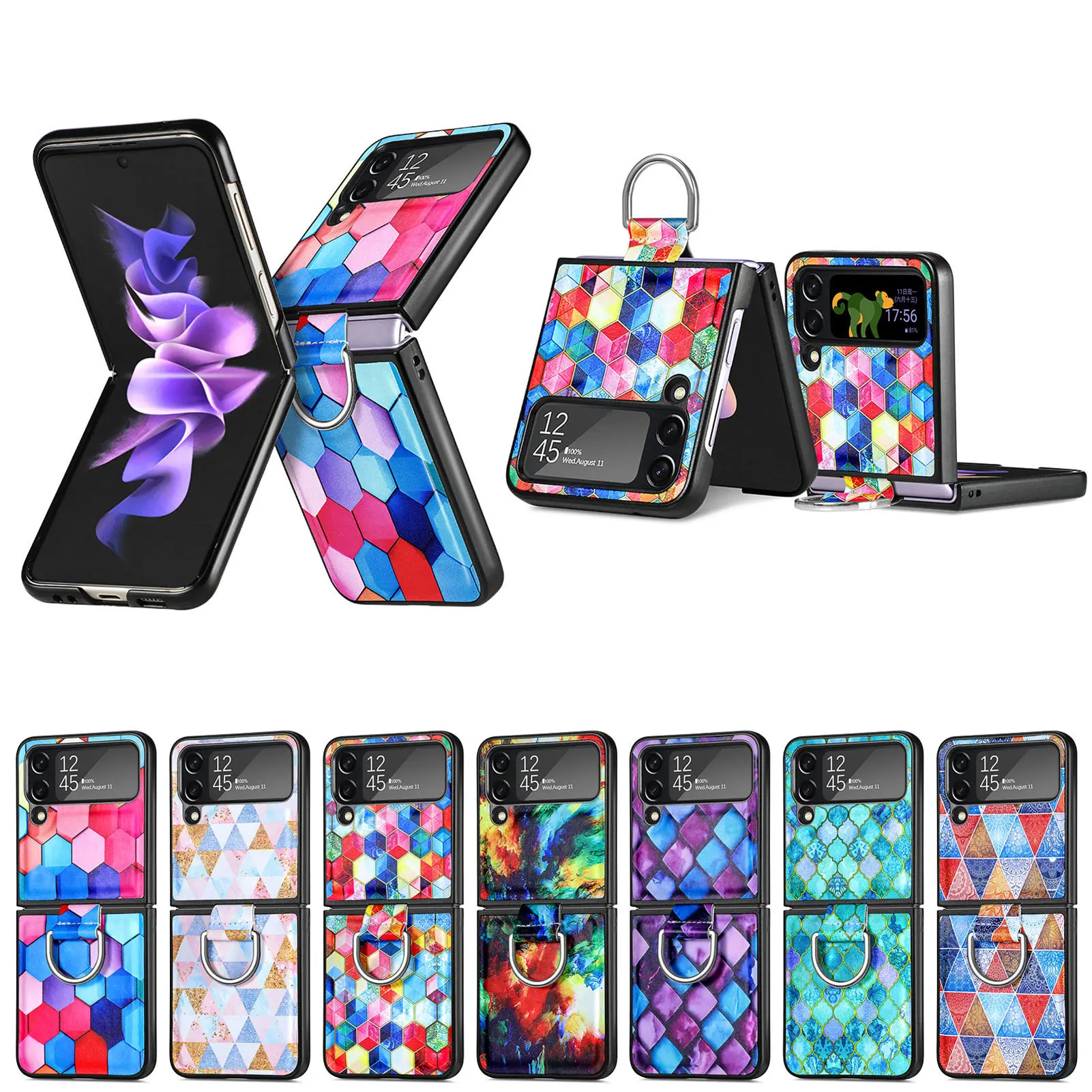 Luxury Painted Hard PC Folding  Flip4 Phone Case For Samsung Galaxy Z Flip 4 6.7inch SM-F721B Anti-knock Ring Holder Cover Coque