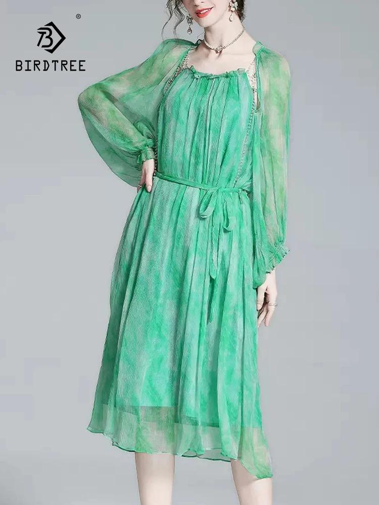 

Birdtree 100% шелк тутового шелкопряда элегантное платье осень 2023 Новый Модный французский чай Break High End вечерние базовое длинное платье D3N753QC