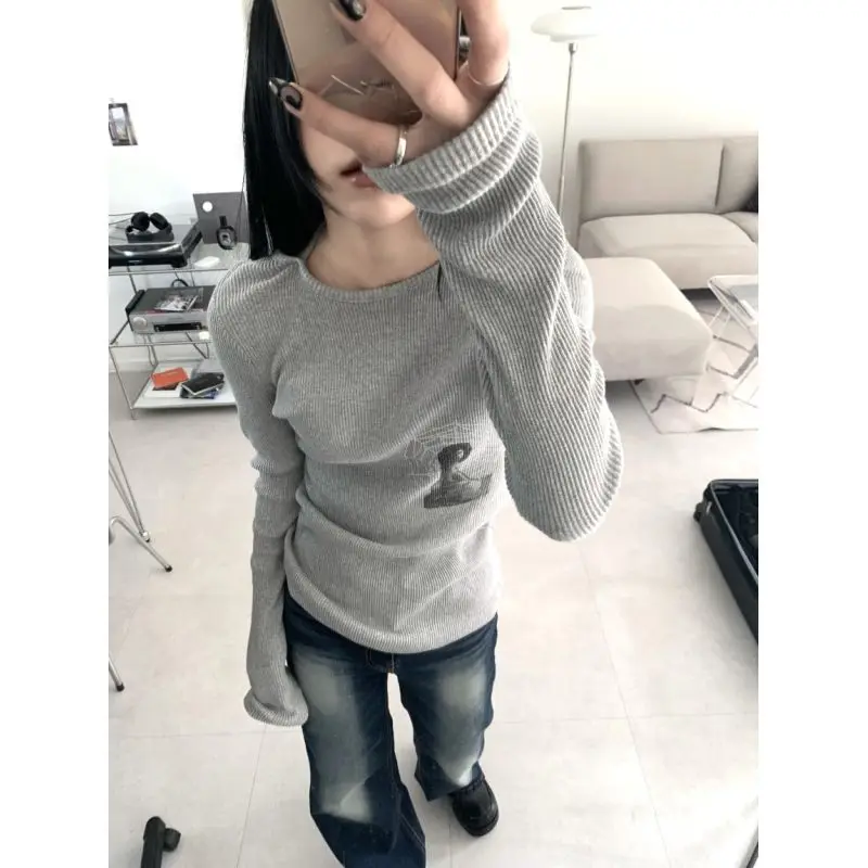 

Женские рубашки 2022 Y2k, топы, женские свитера, джемпер в стиле гранж, пуловер, серые свитера, трикотажная одежда с длинным рукавом