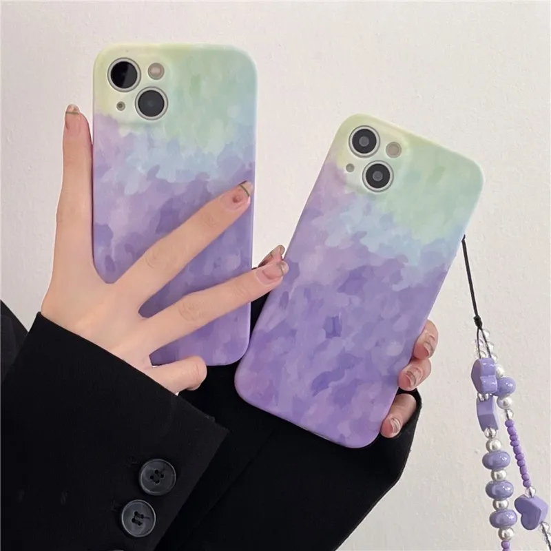 

Rendering Purple Oil Painting With Lanyard Girl Soft Case For Iphone 11 12 13 Pro Max 7 8 Plus Xr X Xs Se Anti-drop Cover Fundas